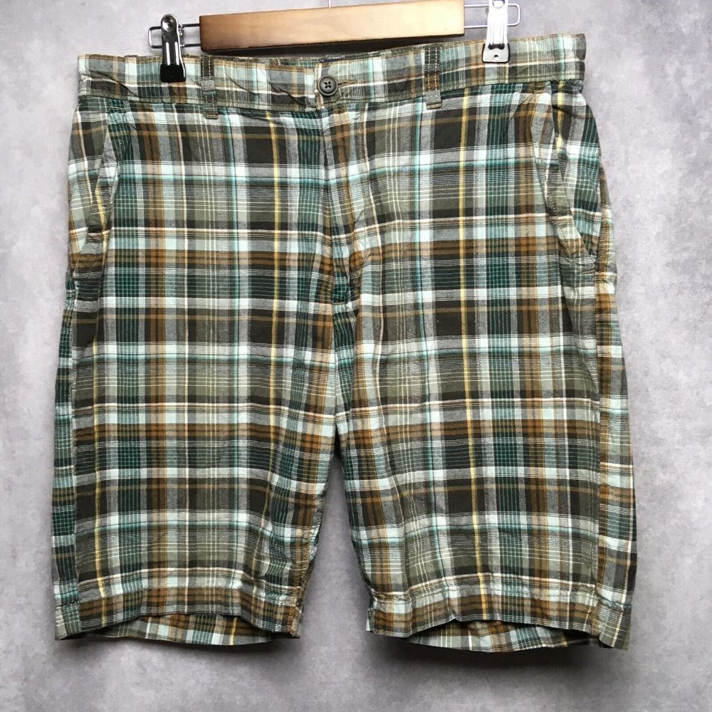 Gap Mens Plaid‎ Shorts 34 Flat Front Pockets 100% Cotton Brown Gray Blue Striped